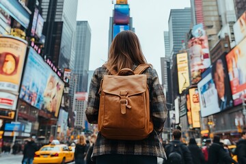 Obraz premium Woman in Urban preppy fashion with backpack