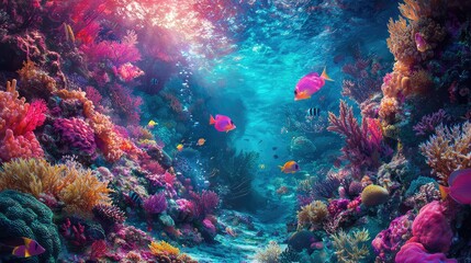 Vibrant Underwater Coral Reef Scene with Colorful Fish and Plants