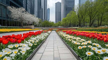 Obraz premium A paved urban street bordered by neatly arranged flower beds filled with tulips and daisies, brightening the cityscape
