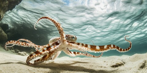 Fototapeta premium Mimic octopus Thaumoctopus mimicus gracefully traversing a sandy bottom, showcasing its unique characteristics in underwater photography. Discover the fascinating world of the mimic octopus and marine