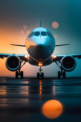 airplane landing at sunset