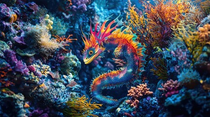 Colorful Coral Reef with a Mythical Sea Creature Swimming Through