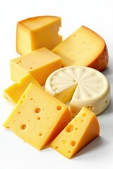 Various cheese types, cutout, pure white backdrop, dairy, cheese