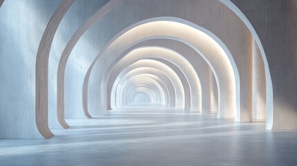 Obraz premium Light-filled hallway with arched ceilings and concrete floor.