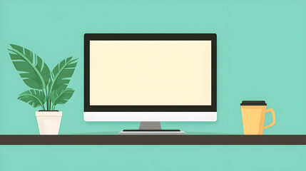 Modern workspace with blank computer screen, plant, and coffee cup on shelf against teal wall; ideal for website banners