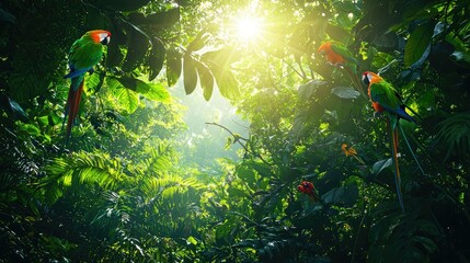 Vibrant Parrots Nestled Among Lush Green Jungle Foliage