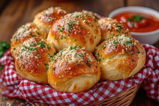 Delicious homemade garlic knots sprinkled with parsley and parmesan cheese with marinara sauce