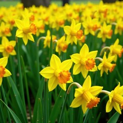 Obraz premium Dense daffodil patch, vibrant yellow against green, background, yellow, floral