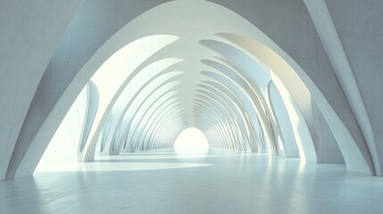 Abstract white architectural interior with arched passage and bright light at the end.