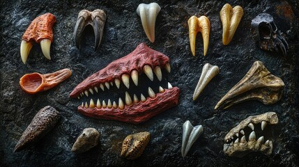 Diverse Collection of Teeth and Fossils Displayed on Dark Surface
