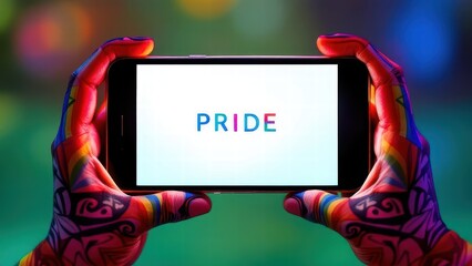 LBGTQ Vibrant rainbow hands holding phone with pride text, colorful illuminated background, equality celebration theme