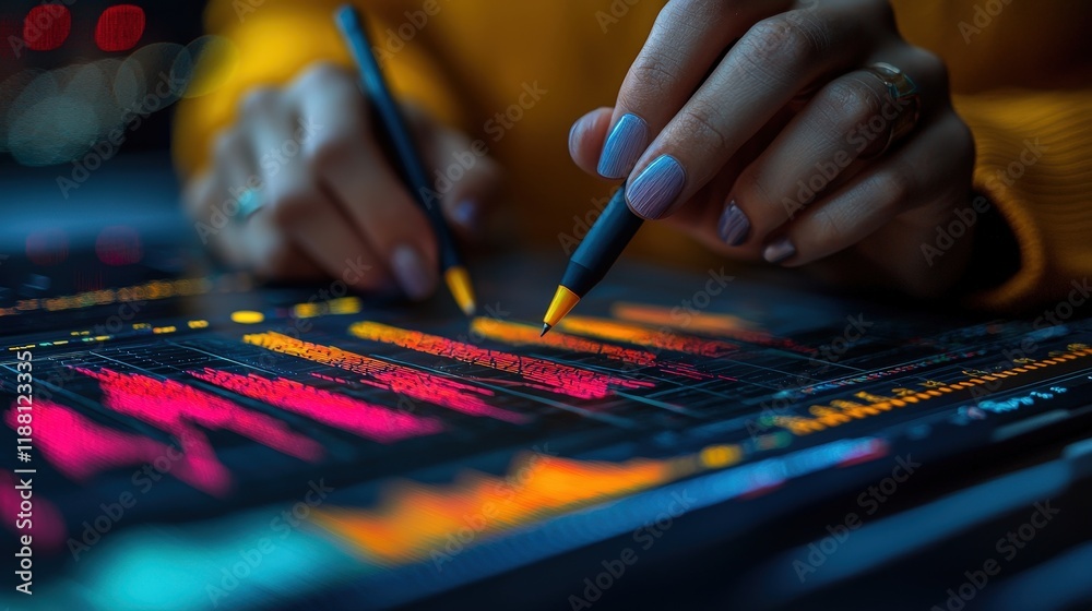 Poster close-up of hands using styluses on a screen displaying data graphs, with a focus on detailed analys