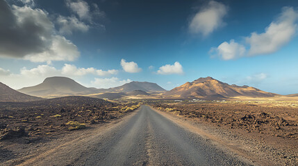 An image evokes the spirit of unexplored road journeys through scenic landscapes, like the road in Lanzarote Natural Park.