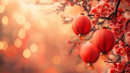 Red Lanterns and Blossoms: A cluster of vibrant red lanterns adorns a blossoming tree branch against a backdrop of soft golden light. Their joyful presence evokes a sense of celebration.