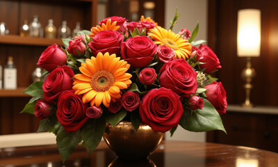 Obraz premium A bold, dramatic floral arrangement of deep red roses and vibrant orange gerbera daisies, placed in an elegant gold-rimmed vase.