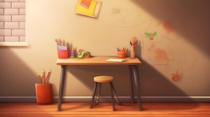 Childrens Art Room Desk With Supplies And Drawings