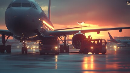 A pushback operation during rush hour at a busy airport A tug vehicle is moving an airplane from the gate