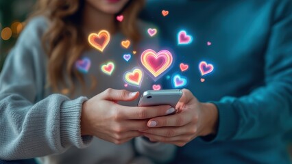 Couple sharing phone vivid heart icons glowing warmth connection relationships atmosphere cozy setting.