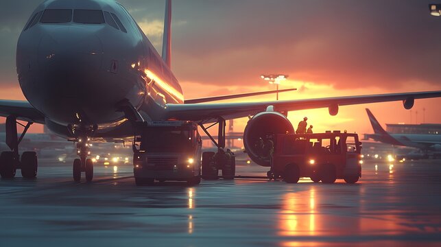 A pushback operation during rush hour at a busy airport A tug vehicle is moving an airplane from the gate