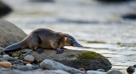 Fototapeta premium Platypus standing near river on mossy rock in natural habitat.