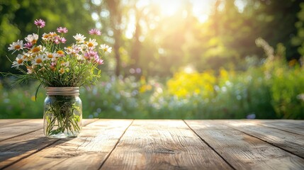 Fresh Wildflowers in Jar on Wooden Table with Sunlit Garden Background