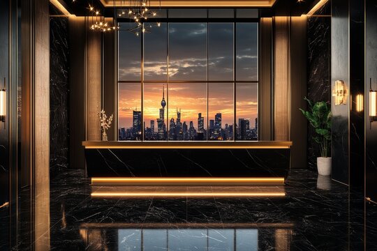 Luxury hotel reception with city view at sunset. - Powered by Adobe