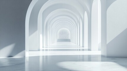 Sunlight in a long white arched hallway with marble floor.