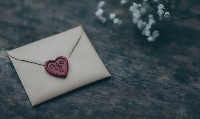 Rustic wooden table, sealed love letter, white flowers background, romantic message, Valentine's Day card