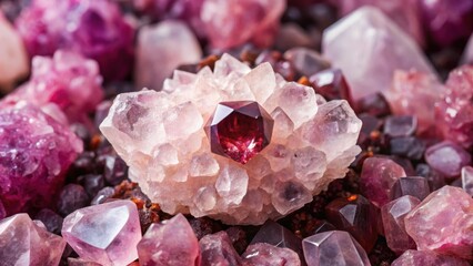 Rose Quartz cluster surrounded by Garnet stones, mineral collection, garnet,  mineral collection, garnet