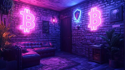 Obraz premium Experience an immersive crypto-themed escape room adventure in a neon lit environment filled with excitement