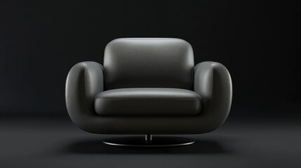 Modern swivel leather chair in grey, isolated against a deep black background.