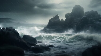 Dark Stormy Ocean Waves Crashing Against Rugged Rocks