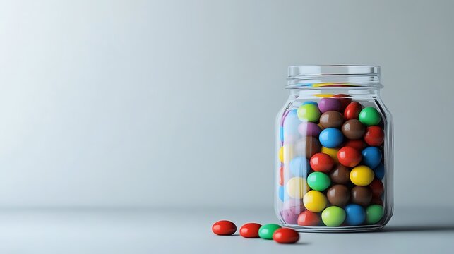 Isolated glass jar filled with colorful candies isolated on solid white background.