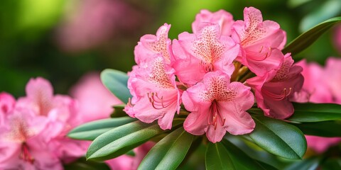 Fototapeta premium Close up image of vibrant pink rhododendron flower heads on a lush stem, surrounded by green leaves on a bush. Discover the beauty of pink rhododendron in this detailed macro photo.