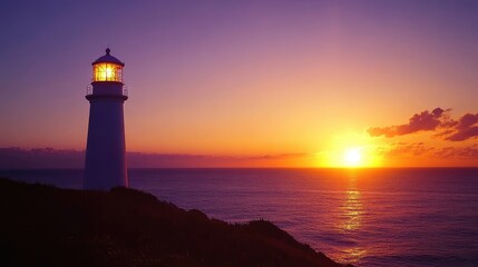 Silhouetted lighthouse at sunset, standing against a vibrant sky with orange and purple gradients.