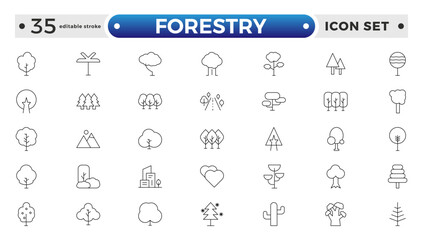 Tree and Forest outline Icon Pack. Modern Collection for Design, Web Sites, Apps, Cards. Contains Linear Images of Deciduous and Coniferous Trees. Editable stroke outline icon.
