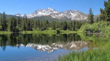 Snow-capped mountains in the distance, with a pristine lake reflecting the rugged landscape and clear skies overhead.