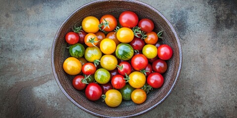 Fresh raw organic heirloom cherry tomatoes arranged in a bowl, showcasing the vibrant colors and natural textures of raw organic heirloom cherry tomatoes for culinary delights.