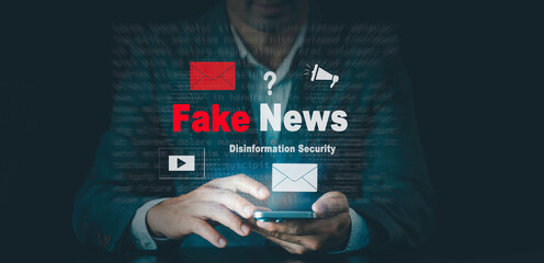 Fake News concept. Disinformation Security, Ai technology, Deepfake deep learning, deceptive stories, propaganda, lies, fabricated facts to control, manipulate opinion on internet and social media