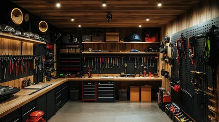 Modern Workshop Interior with Tools and Organized Storage Solutions