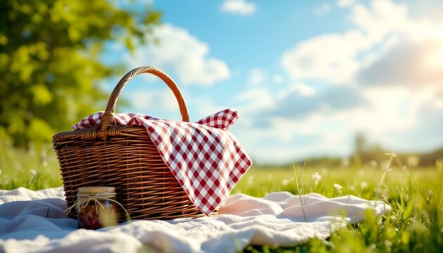 A charming picnic basket set in a field of daisies, capturing the essence of a joyful spring picnic - Powered by Adobe