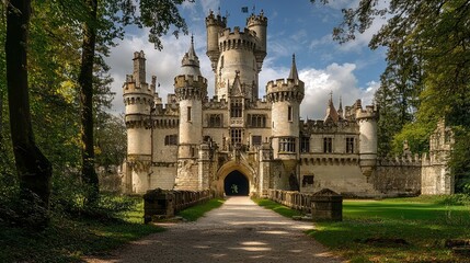 Fototapeta premium Majestic Castle Surrounded by Lush Greenery with Blue Sky