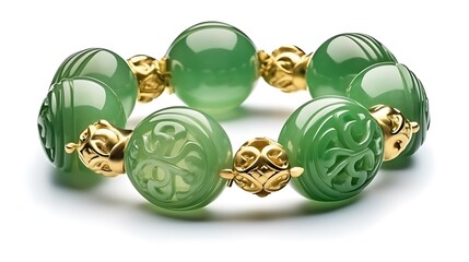 Isolated luxurious green jade stone bracelet with intricate carvings isolated on solid white background.
