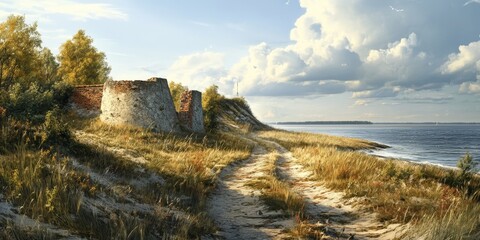 Fototapeta premium Coastal landscape featuring a historic fort along the Baltic spit, showcasing the beauty of the area, with elements of history and nature intertwined in this captivating Baltic scene.
