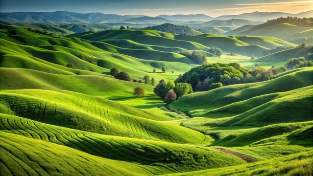 Lush green grass with undulating hills and valleys, foliage, rolling hills,  foliage, rolling hills,golf course