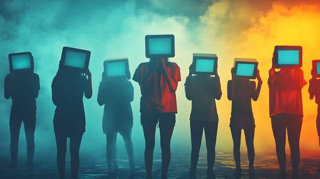 An artistic representation of online support groups offering help and solidarity to victims of cyberbullying on social media platforms