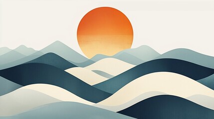 Abstract minimalist landscape with sun and mountains.
