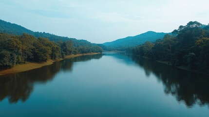 Wide open view of a serene lake surrounded by lush green trees, reflecting the clear sky above, natural beauty captured with soft lighting.
