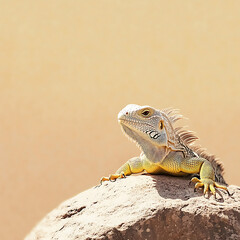 Fototapeta premium close up shot of iguana resting on rock, showcasing its vibrant colors and intricate details against warm background. iguana appears calm and majestic