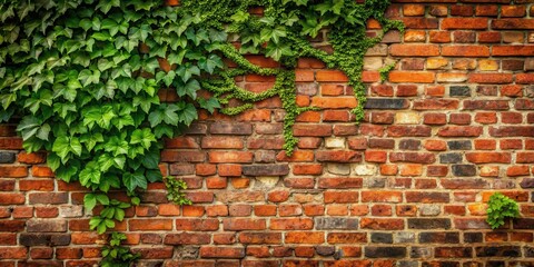 Old stone wall with worn red bricks and ivy growing on it, natural light, architecture,  natural light, architecture